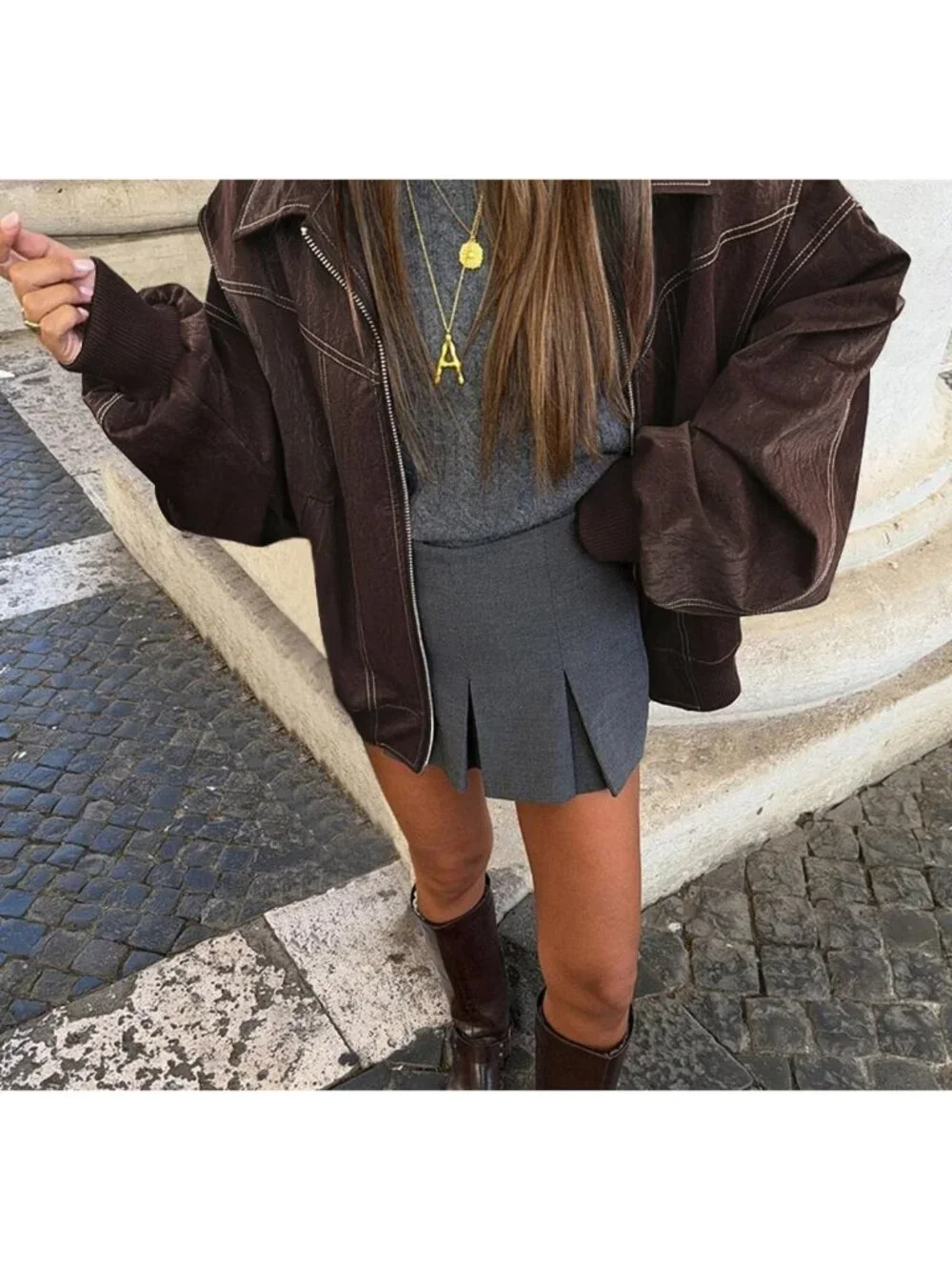 Women's Coffee Faux Leather Motorcycle Jacket Oversized Zip Up Loose Winter Coat